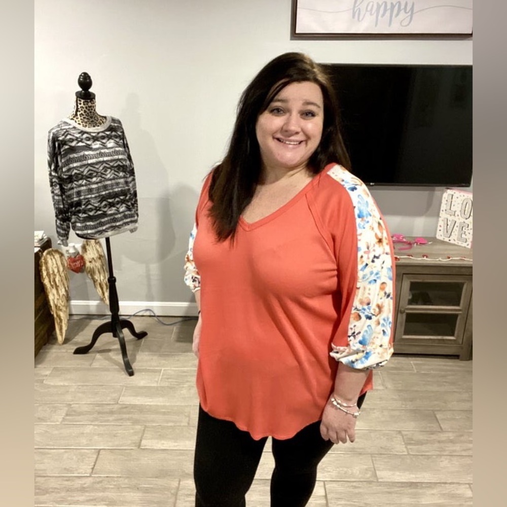 Coral Waffle Long sleeve with Floral strip